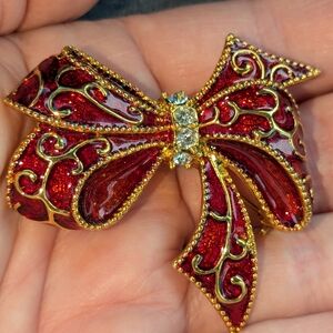 Elegant Red and Gold Bow Christmas Brooch
